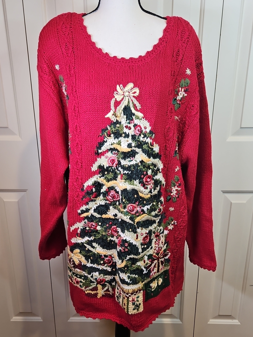 Vintage Heirloom Red Holiday Christmas Tree Sweater 2X Stitches Knit